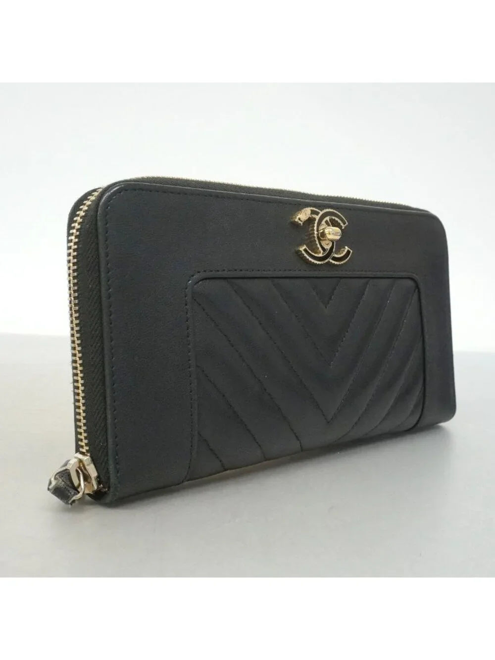 Chanel Wallet V-stitch Mademoiselle Lambskin Black Champagne Gold